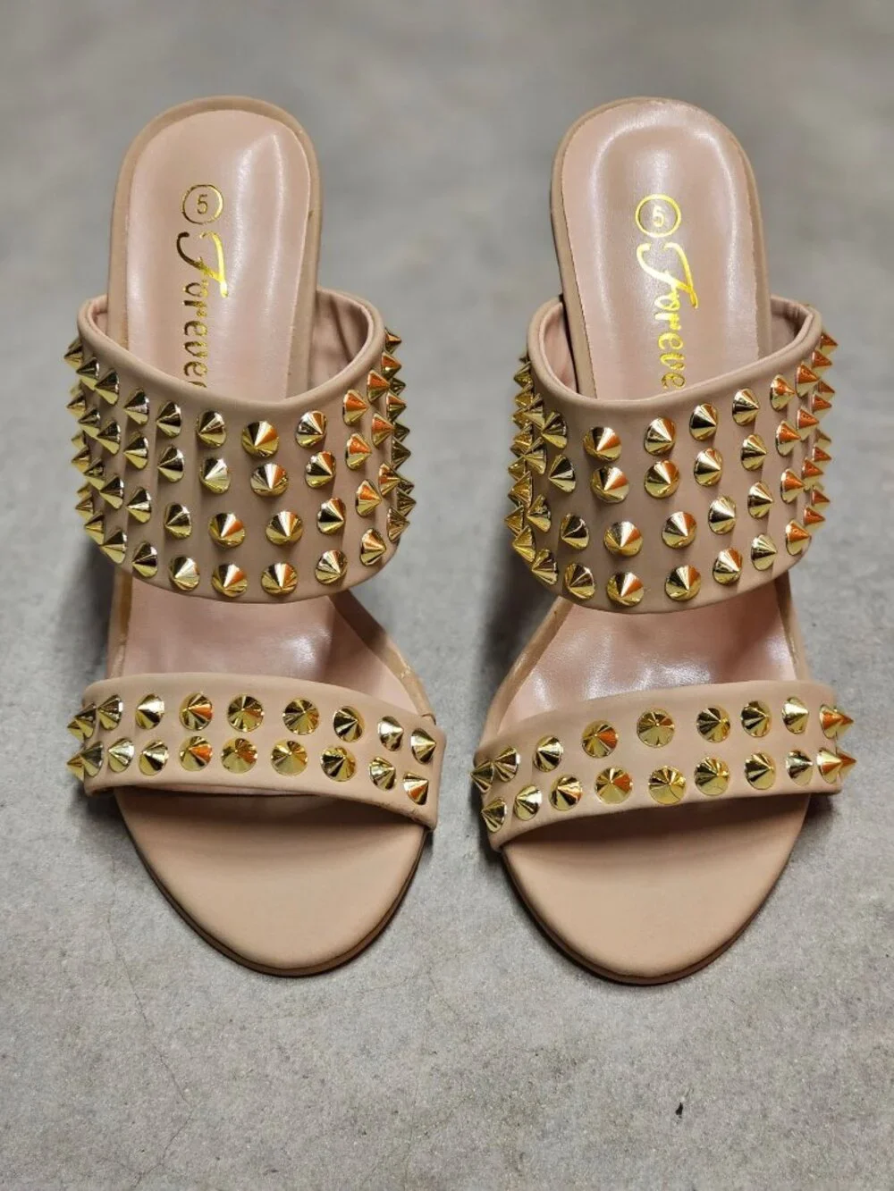 Studded Taupe High-Heel Sandals With Gold Accents & Open Toe Design